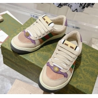 Luxury Cheap Gucci Screener Trainer Sneakers in Beige Suede and Fabric with Web Purple 1119130