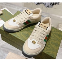 Unique Style Gucci Screener Trainer Sneakers in Beige Suede and Fabric with Web White 1119131