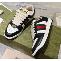 Grade Quality Gucci Screener Trainer Sneakers in Perforated Leather with Web Black/White 1119137