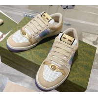 Good Quality Gucci Screener Trainer Sneakers in Perforated Leather with Web Beige/Gold 1119138