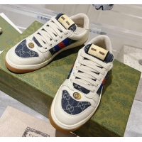 Classic Hot Gucci Screener Trainer Sneakers in White Leather and GG Denim with Web 1119140