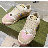 Pretty Style Gucci Screener Trainer Sneakers in Beige Suede and GG Canvas with Web Pink 1119141