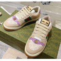 Most Popular Gucci Screener Trainer Sneakers in Beige Suede and GG Canvas with Web Light Purple 1119142