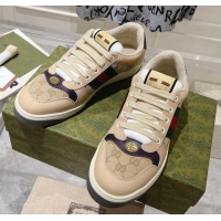 Good Quality Gucci Screener Trainer Sneakers in Beige Suede and GG Canvas with Web Dark Purple 1119146