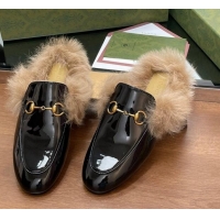 Shop Duplicate Gucci Patent Leather and Wool Flat Slippers Black 1119149