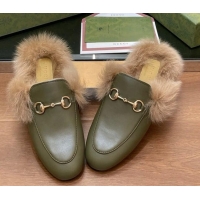 Good Looking Gucci Calf Leather and Wool Flat Slippers Green 1119155