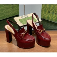 Purchase Gucci Horsebit Platform High Heel Slingback Pumps 14cm in GG Leather Burgundy 1119167