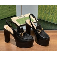 Grade Quality Gucci Horsebit Platform High Heel Slingback Pumps 14cm in GG Leather Black 1119168