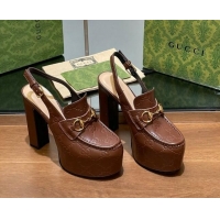 Good Quality Gucci Horsebit Platform High Heel Slingback Pumps 14cm in GG Leather Brown 1119169