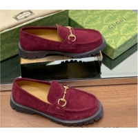 Low Cost Gucci Suede Loafers with Horsebit Burgundy 1231116