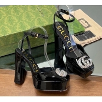 Good Quality Gucci Patent Leather Framed Platform Pumps12cm with Strass GG Black 1231120