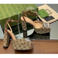 Trendy Design Gucci Canvas Framed Platform Pumps12cm with Strass GG Beige 1231122