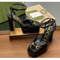 Shop Duplicate Gucci Patent Leather Framed Platform Pumps12cm with Horsebit Black 1231126