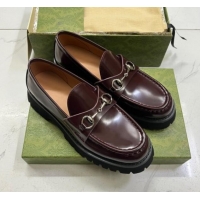 Unique Style Gucci Shiny Leather Platform Loafers 4.5cm with Horsebit Dark Brown 1231133