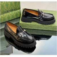 Hot Style Gucci Shiny Leather Platform Loafers 4.5cm with Horsebit Black 1231134