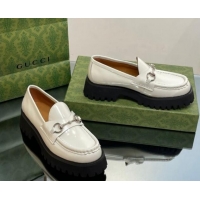 Classic Hot Gucci Shiny Leather Platform Loafers 4.5cm with Horsebit White 1231135