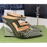 Best Grade Gucci Leather Clear Heel Wedge Pumps 10cm with Studs Green 1231140