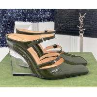 Top Grade Gucci Leather Clear Heel Wedge Pumps 10cm with Buckle Green 1231142