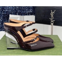 Pretty Style Gucci Leather Clear Heel Wedge Pumps 10cm with Buckle Dark Brown 1231144