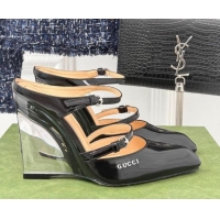 Unique Style Gucci Leather Clear Heel Wedge Pumps 10cm with Buckle Black 1231146