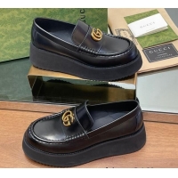 Best Price Gucci Leather Wedge Platform Loafers 5.5cm Black 1231147