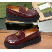 Good Quality Gucci Leather Wedge Platform Loafers 5.5cm Burgundy 1231148