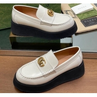 Best Grade Gucci Leather Wedge Platform Loafers 5.5cm White 1231149