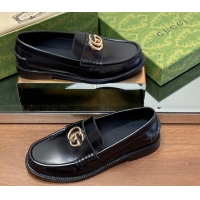 Buy Luxury Gucci Shiny Leather Loafers with GG Black 1231151