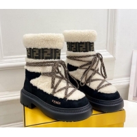 Perfect Fendi Apres Chic Platform Lace-up Ankle Boots 5cm in Shearling Wool and Suede White/Black 1122069