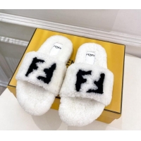 Buy Luxury Fendi FF Wool Flat Slides Sandal White 1122072