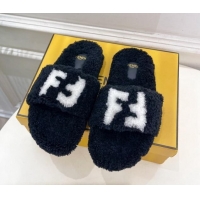 Generous Fendi FF Wool Flat Slides Sandal Black 1122073