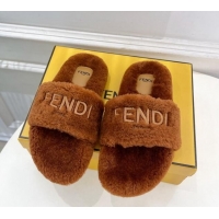 Grade Quality Fendi Logo Wool Flat Slides Sandal Brown 1122074