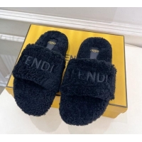 Low Price Fendi Logo Wool Flat Slides Sandal Black 1122076