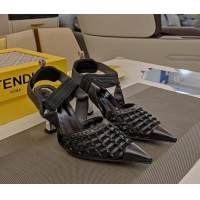 Fashion Luxury Fendi Colibri Slingback Pumps 6.5cm in Knot Woven Calfskin and Mesh Black 122083