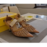 Fashion Fendi Colibri Slingback Pumps 6.5cm in Knot Woven Calfskin and Mesh Brown 1122084