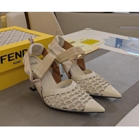 Unique Style Fendi Colibri Slingback Pumps 6.5cm in Knot Woven Calfskin and Mesh White 1122086