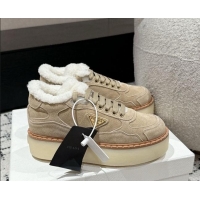 Classic Hot Prada Suede Mid-top Platform Sneakers with Shearling Lining 1T725N Beige 1122052