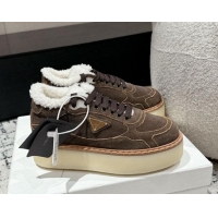 Perfect Prada Suede Mid-top Platform Sneakers with Shearling Lining 1T725N Taupe Grey 1122053