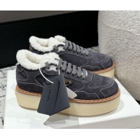 Buy Luxury Prada Suede Mid-top Platform Sneakers with Shearling Lining 1T725N Dark Grey 1122055