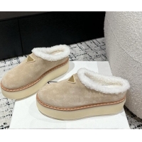 Best Grade Prada Suede and Wool Platform Mules Light Beige 1122059