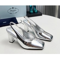 Trendy Design Prada Patent leather high heel slingback pumps 9cm Silver 1227017