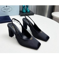 Shop Duplicate Prada Satin high heel slingback pumps 9cm Black 1227019