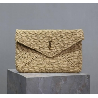 Top Design Saint Laurent Cassandre Raffia Large Envelope Pouch Y8974 Beige