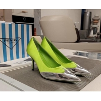 Good Quality Prada High Heel Pumps 8.5cm in Satin and Silver-Tone Glazed TPU Light Green 1227056