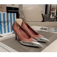 Best Grade Prada High Heel Pumps 8.5cm in Satin and Silver-Tone Glazed TPU Brown 1227059