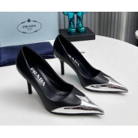 Perfect Prada High Heel Pumps 8.5cm in Calf Leather and Silver-Tone Glazed TPU Black 1227063