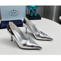 Pretty Style Prada High Heel Pumps 8.5cm in Brushed Leather and Silver-Tone Glazed TPU Silver 1227064