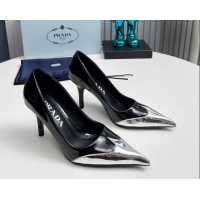 Buy Luxury Prada High Heel Pumps 8.5cm in Brushed Leather and Silver-Tone Glazed TPU Black 1227065