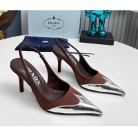 Popular Style Prada Slingback Pumps 8.5cm in Satin and Silver-Tone Glazed TPU Brown 1227066