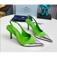 Luxury Cheap Prada Slingback Pumps 8.5cm in Satin and Silver-Tone Glazed TPU Green 1227067